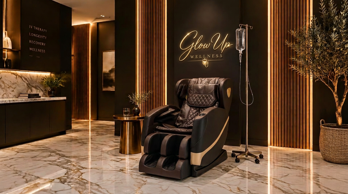 Glowup Wellness infusion lounge at dusk