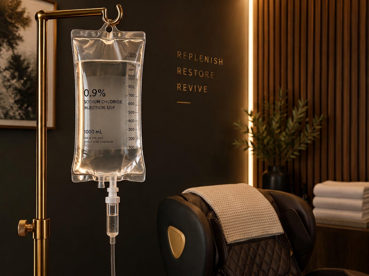 Clinical IV infusion bag under studio light